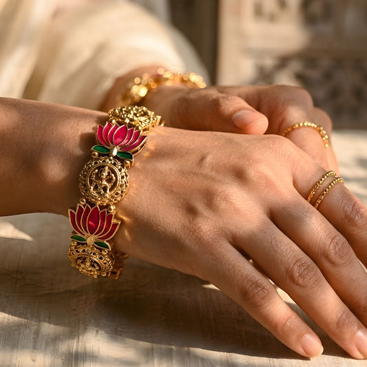 Pink Lotus Enamel Temple Jewelry Bangles