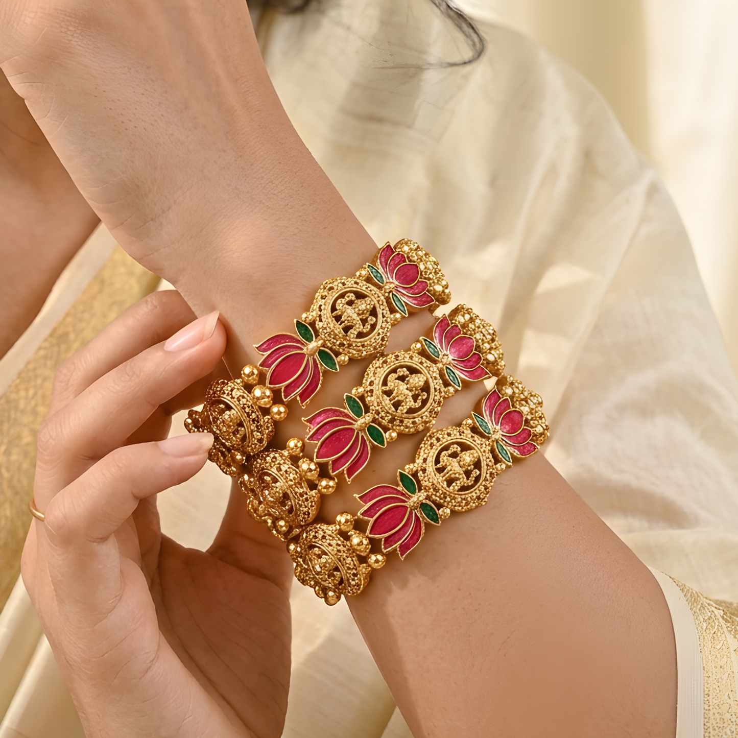 Pink Lotus Enamel Temple Jewelry Bangles