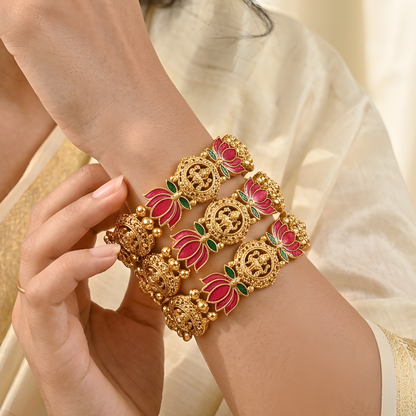Pink Lotus Enamel Temple Jewelry Bangles