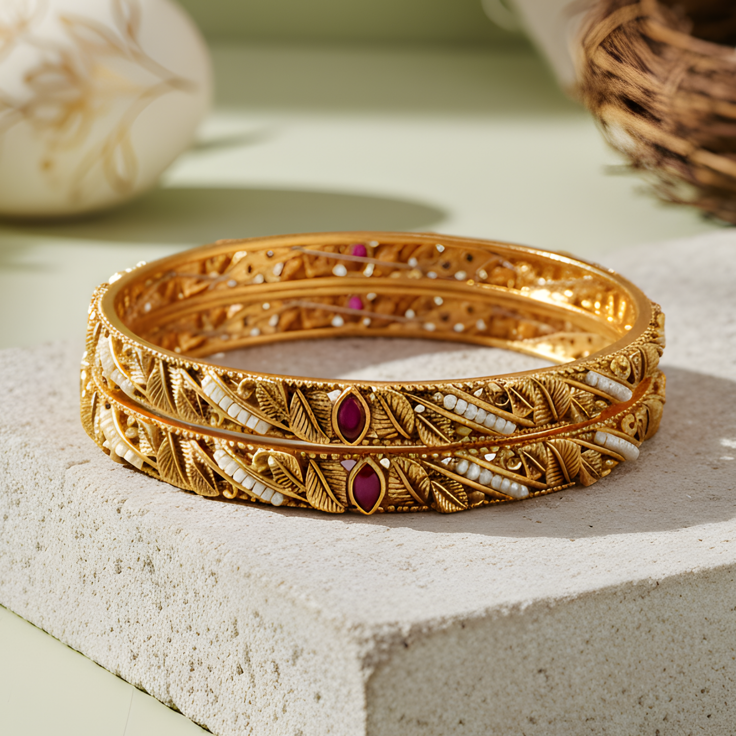 Floral Engraved Gold Bangles
