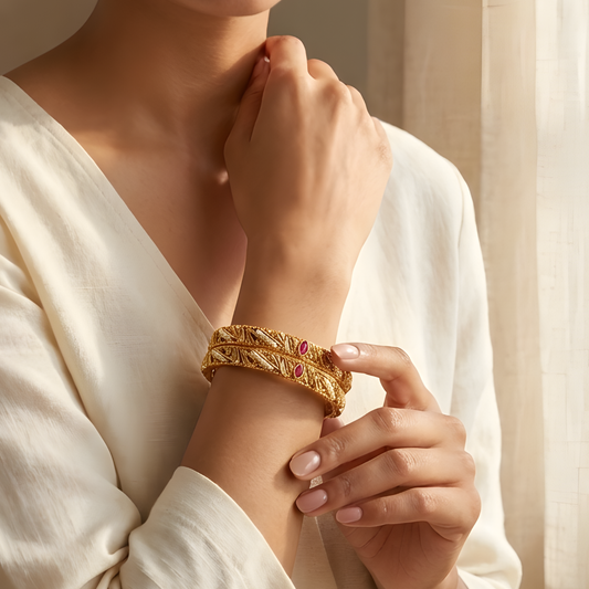 Floral Engraved Gold Bangles