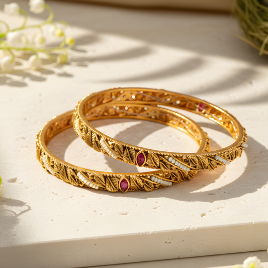 Floral Engraved Gold Bangles