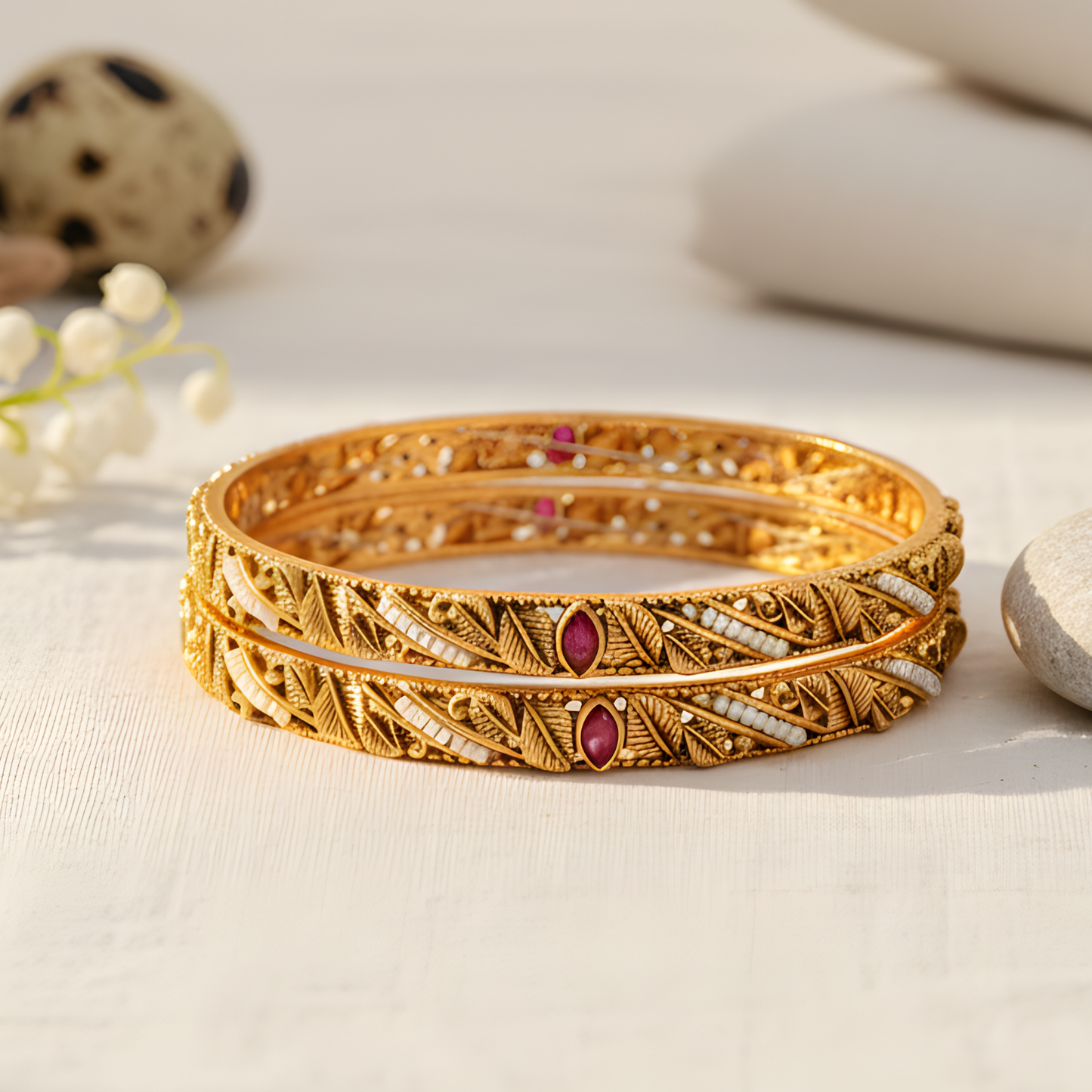 Floral Engraved Gold Bangles