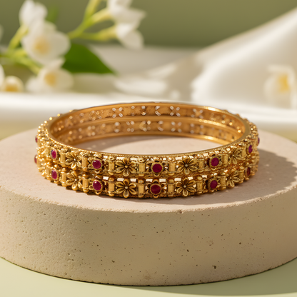 Ruby-Encrusted Floral Filigree Gold Bangles
