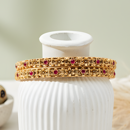 Ruby-Encrusted Floral Filigree Gold Bangles