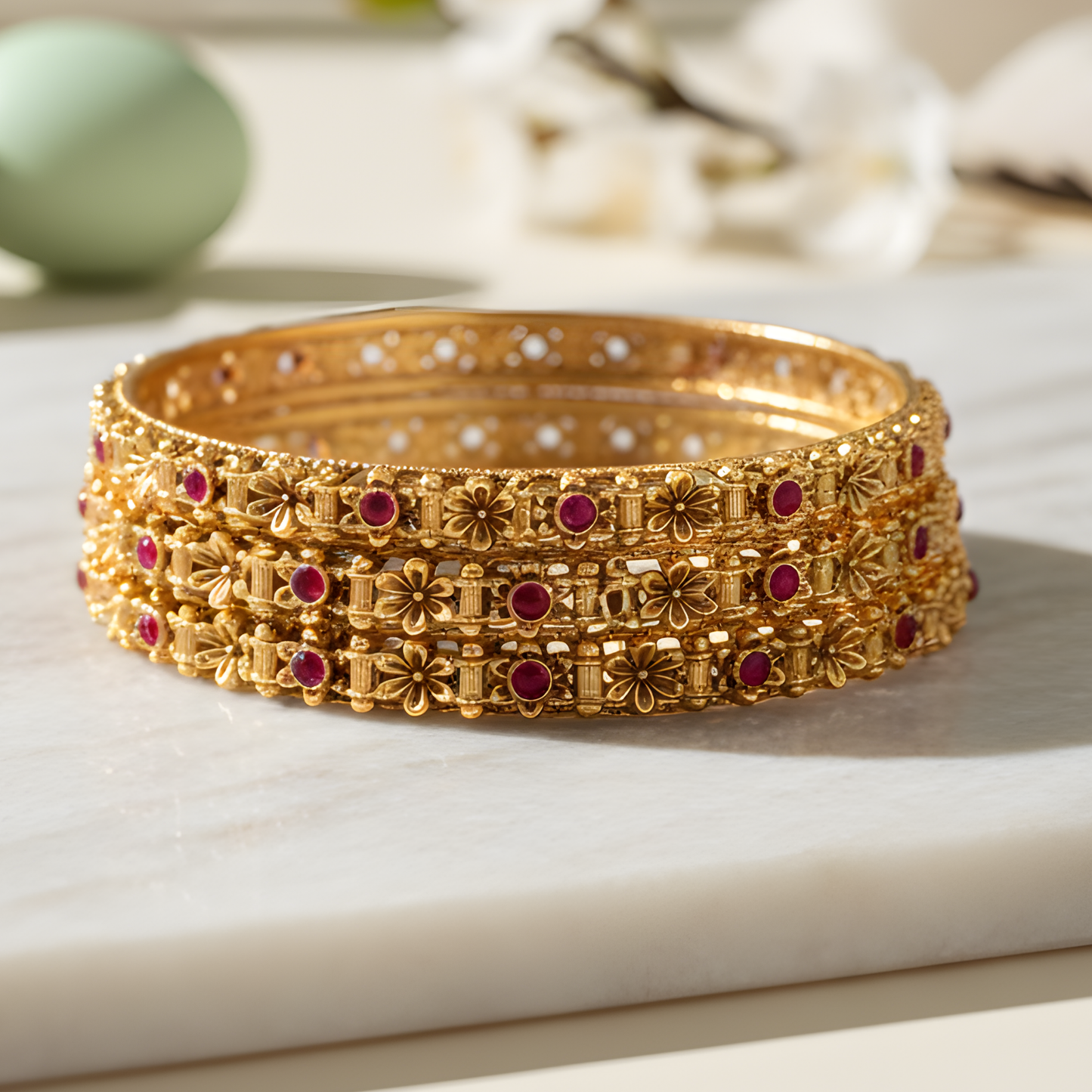 Ruby-Encrusted Floral Filigree Gold Bangles