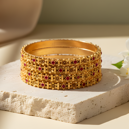 Ruby-Encrusted Floral Filigree Gold Bangles