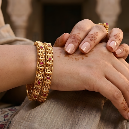 Ruby-Encrusted Floral Filigree Gold Bangles
