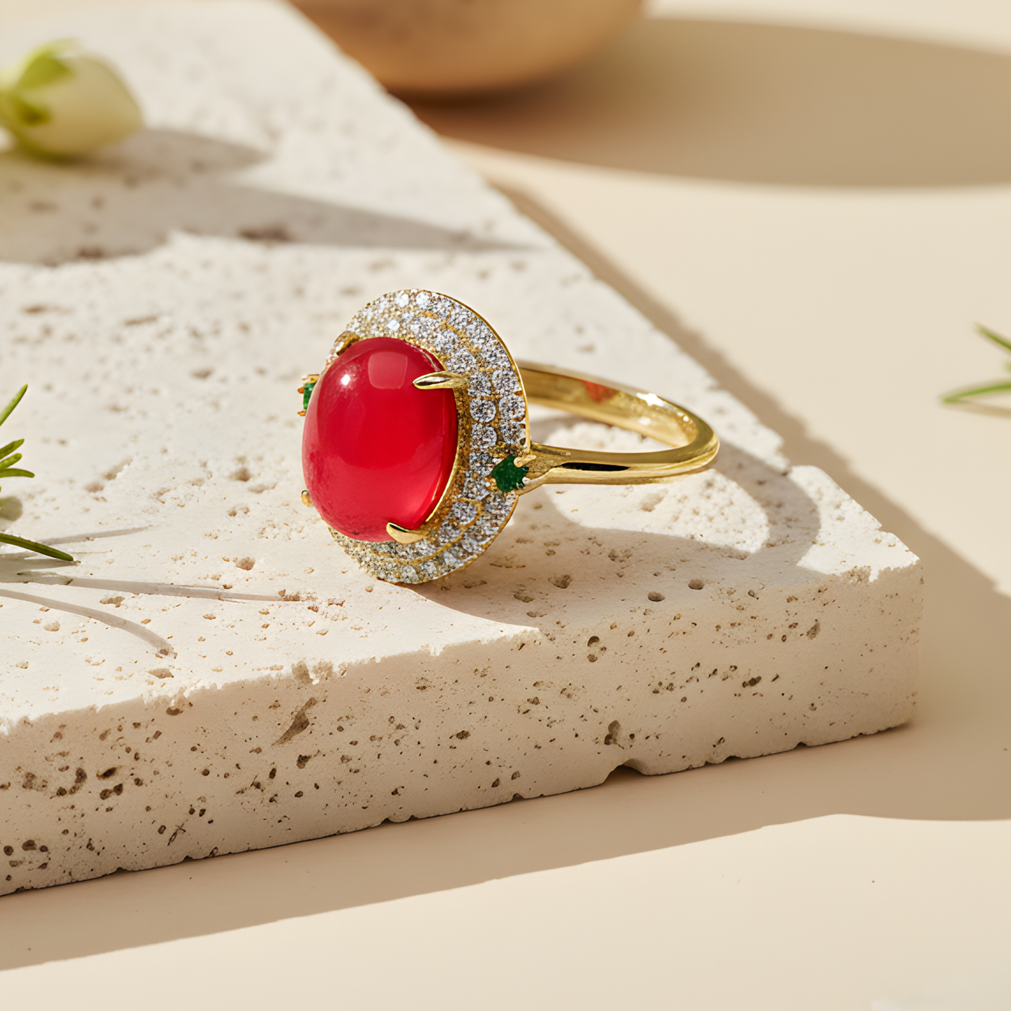 Oval Red Stone Ring with Crystal Halo