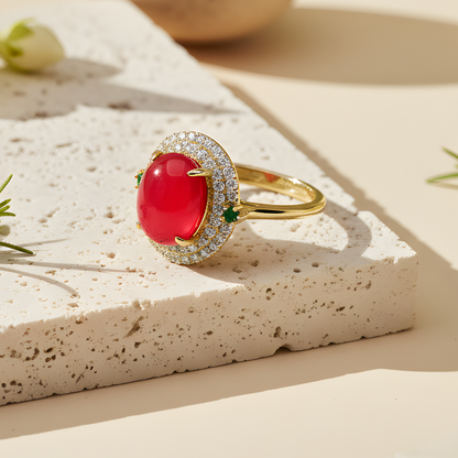 Oval Red Stone Ring with Crystal Halo