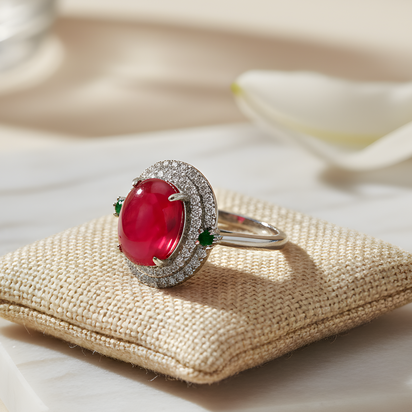Oval Red Stone Ring with Crystal Halo