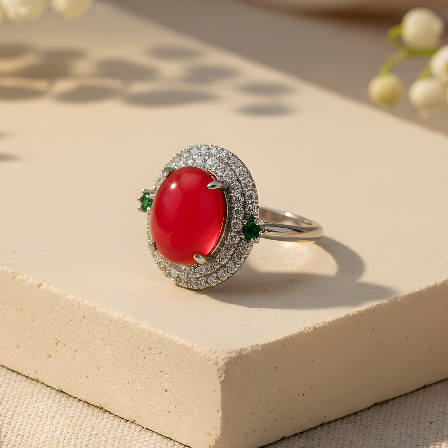 Oval Red Stone Ring with Crystal Halo