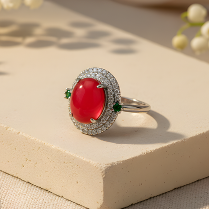 Oval Red Stone Ring with Crystal Halo