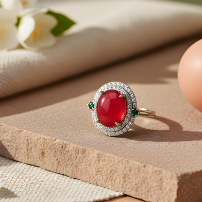 Oval Red Stone Ring with Crystal Halo