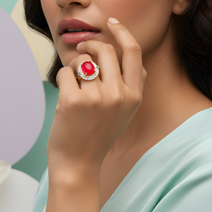 Oval Red Stone Ring with Crystal Halo