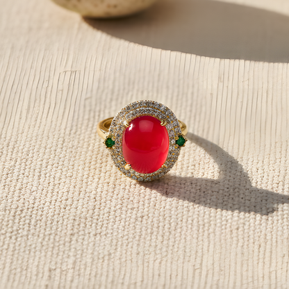 Oval Red Stone Ring with Crystal Halo