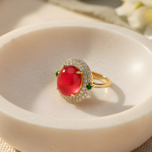 Oval Red Stone Ring with Crystal Halo