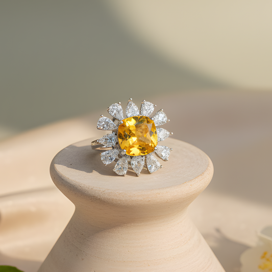Yellow Gemstone Floral Halo Ring