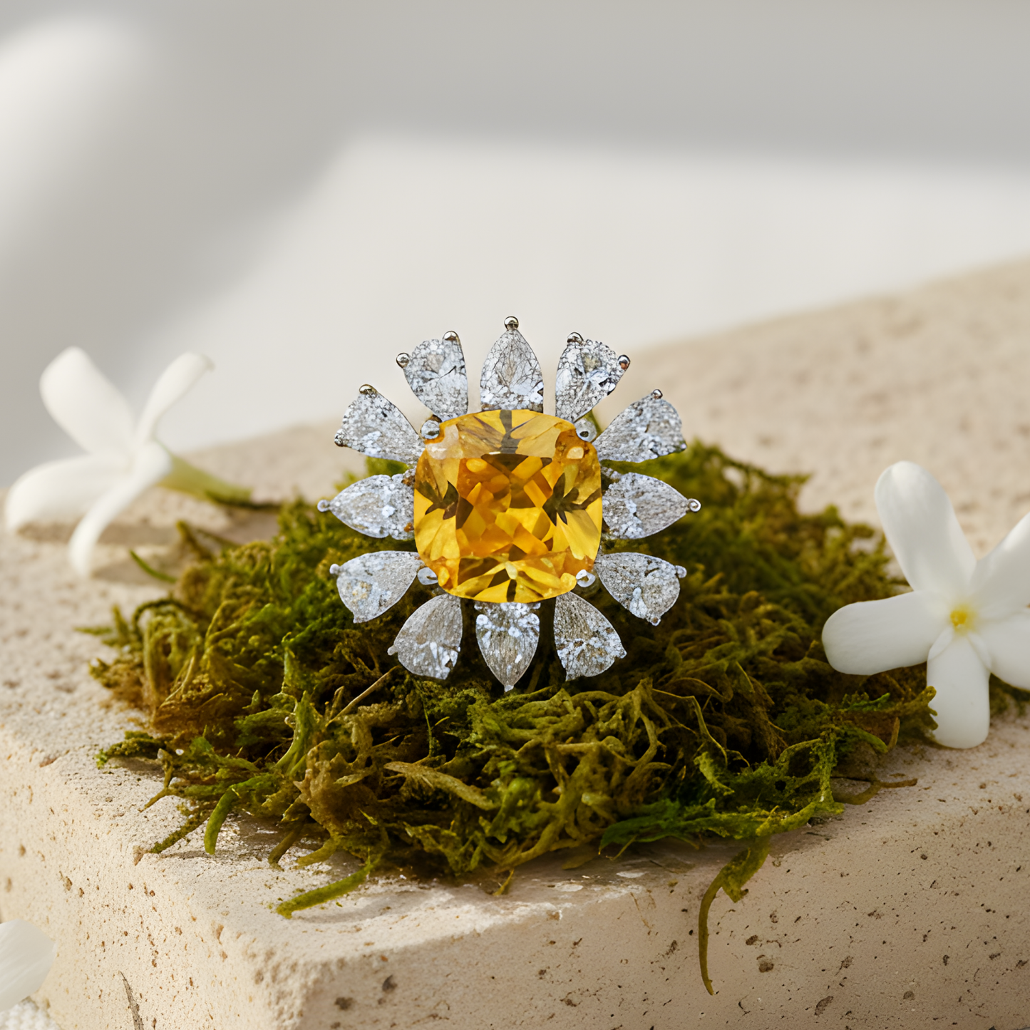 Yellow Gemstone Floral Halo Ring