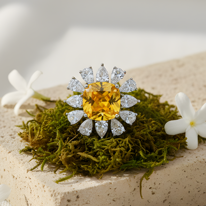 Yellow Gemstone Floral Halo Ring