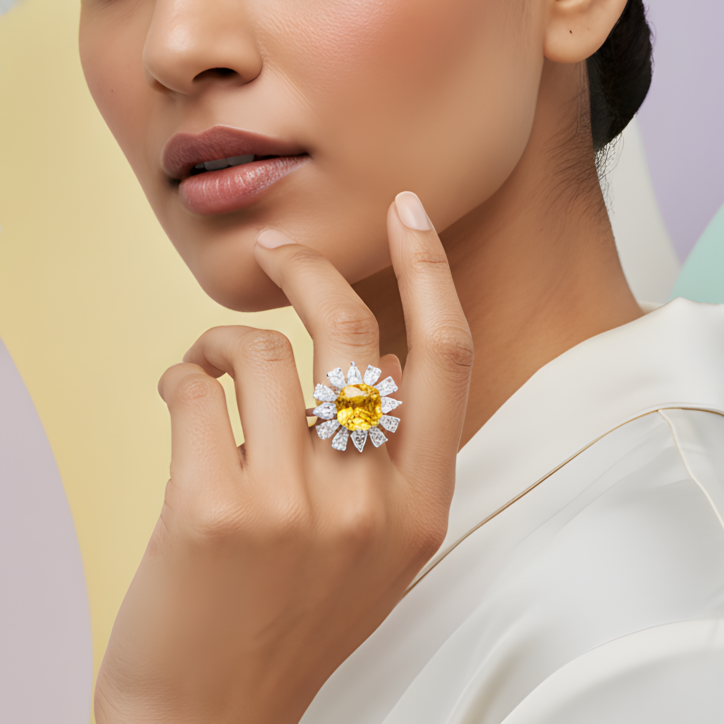 Yellow Gemstone Floral Halo Ring