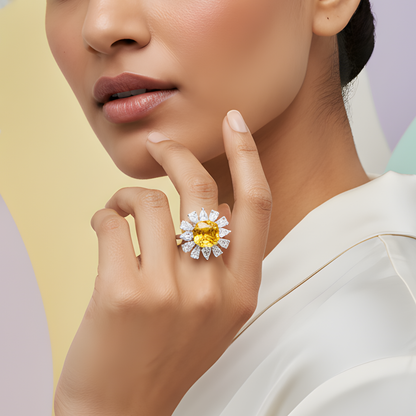 Yellow Gemstone Floral Halo Ring