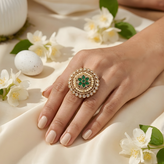 Emerald Floral Halo Statement Ring