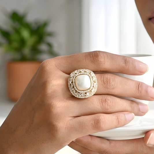 Pearl Halo Moissanite Ring