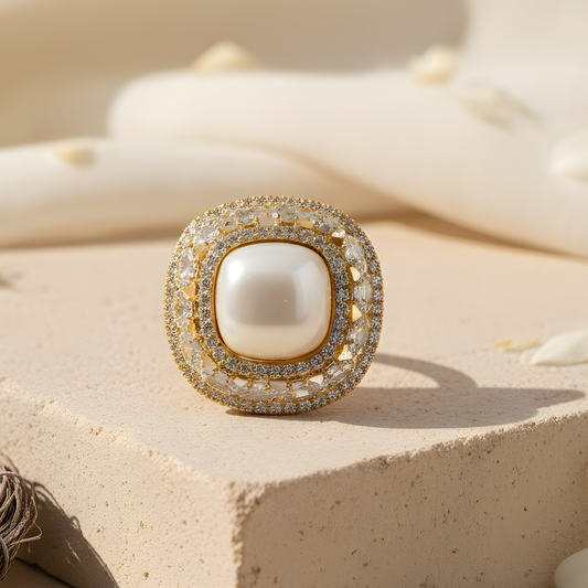 Pearl Halo Moissanite Ring