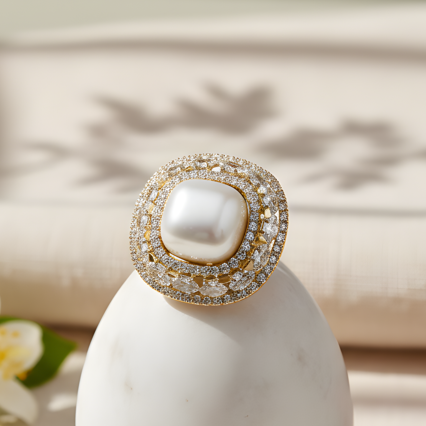 Pearl Halo Moissanite Ring