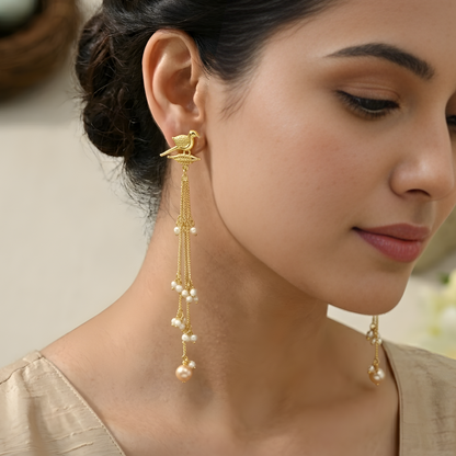 Golden Bird-Motif Tassel Earrings with Pearl Droplets