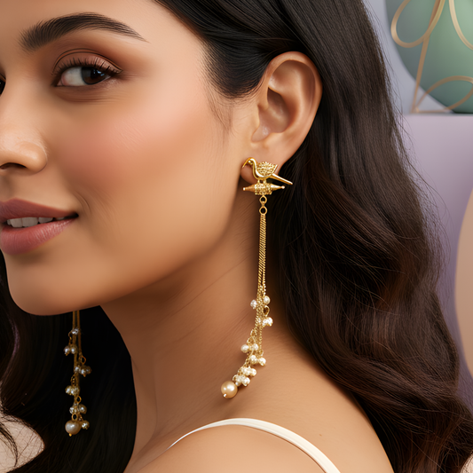 Golden Bird-Motif Tassel Earrings with Pearl Droplets