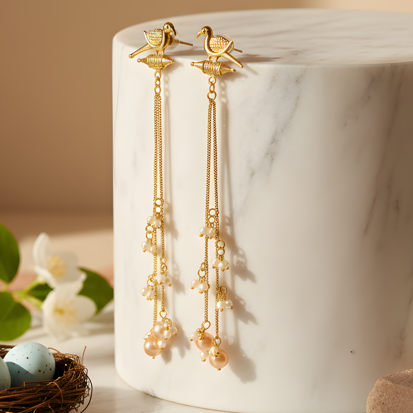 Golden Bird-Motif Tassel Earrings with Pearl Droplets