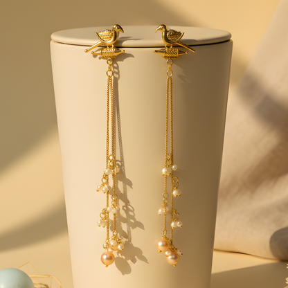 Golden Bird-Motif Tassel Earrings with Pearl Droplets