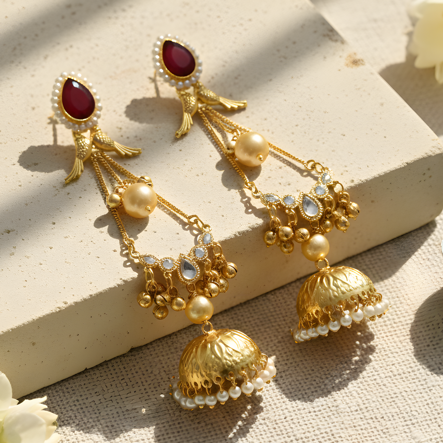 Ruby & Bird-Motif Jhumka Earrings