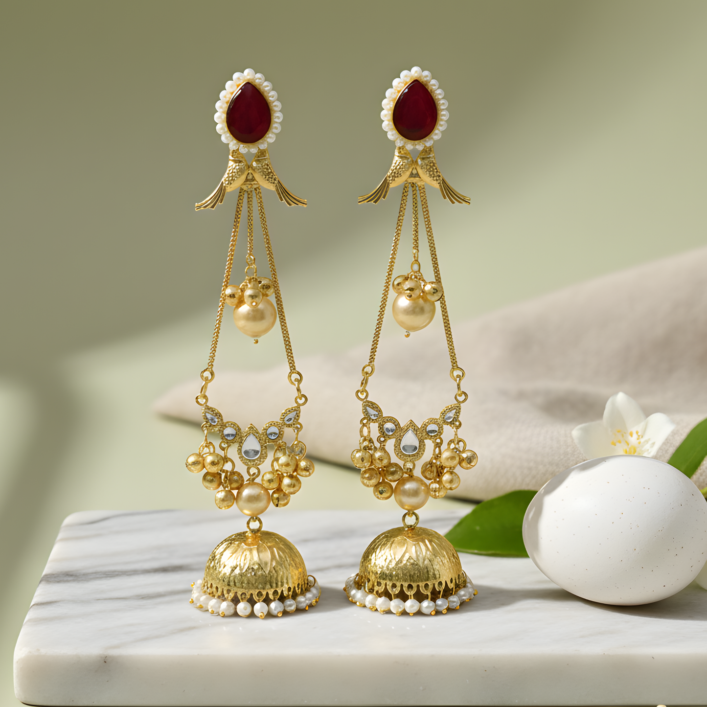 Ruby & Bird-Motif Jhumka Earrings