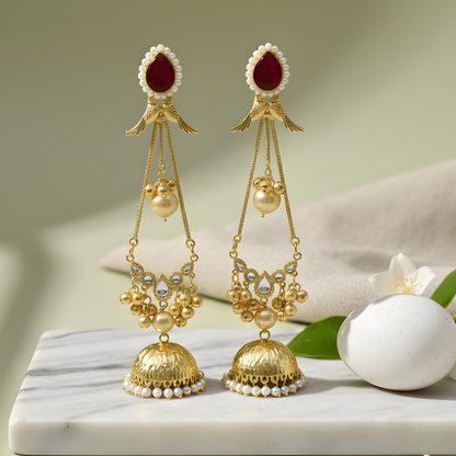 Ruby & Bird-Motif Jhumka Earrings