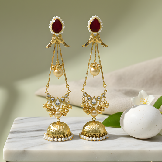 Ruby & Bird-Motif Jhumka Earrings
