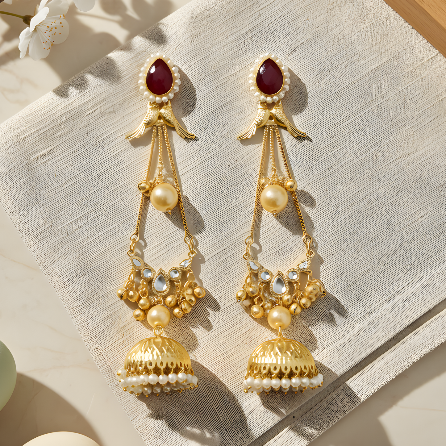 Ruby & Bird-Motif Jhumka Earrings