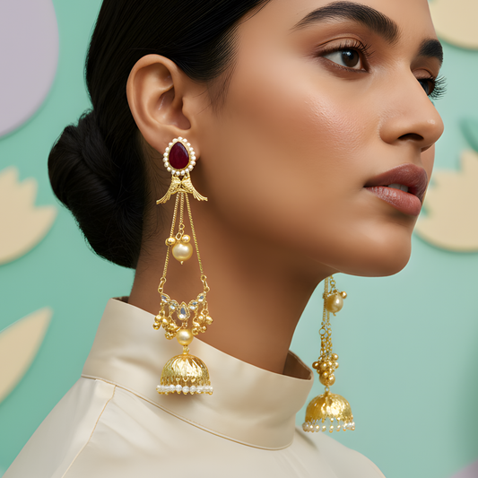 Ruby & Bird-Motif Jhumka Earrings