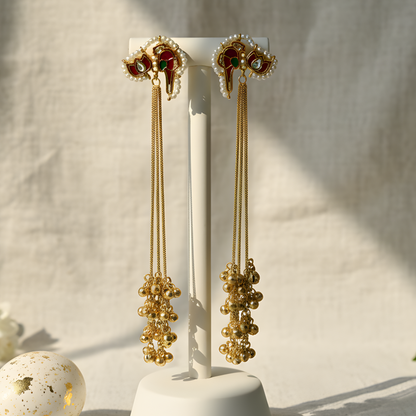 Meenakari Bird Tassel Earrings with Golden Ghungroo