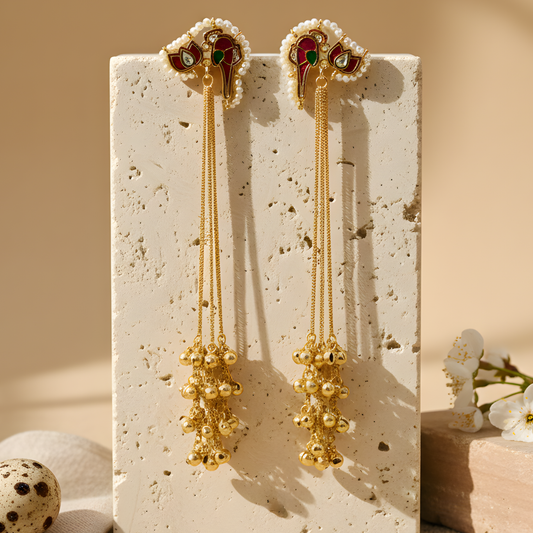 Meenakari Bird Tassel Earrings with Golden Ghungroo
