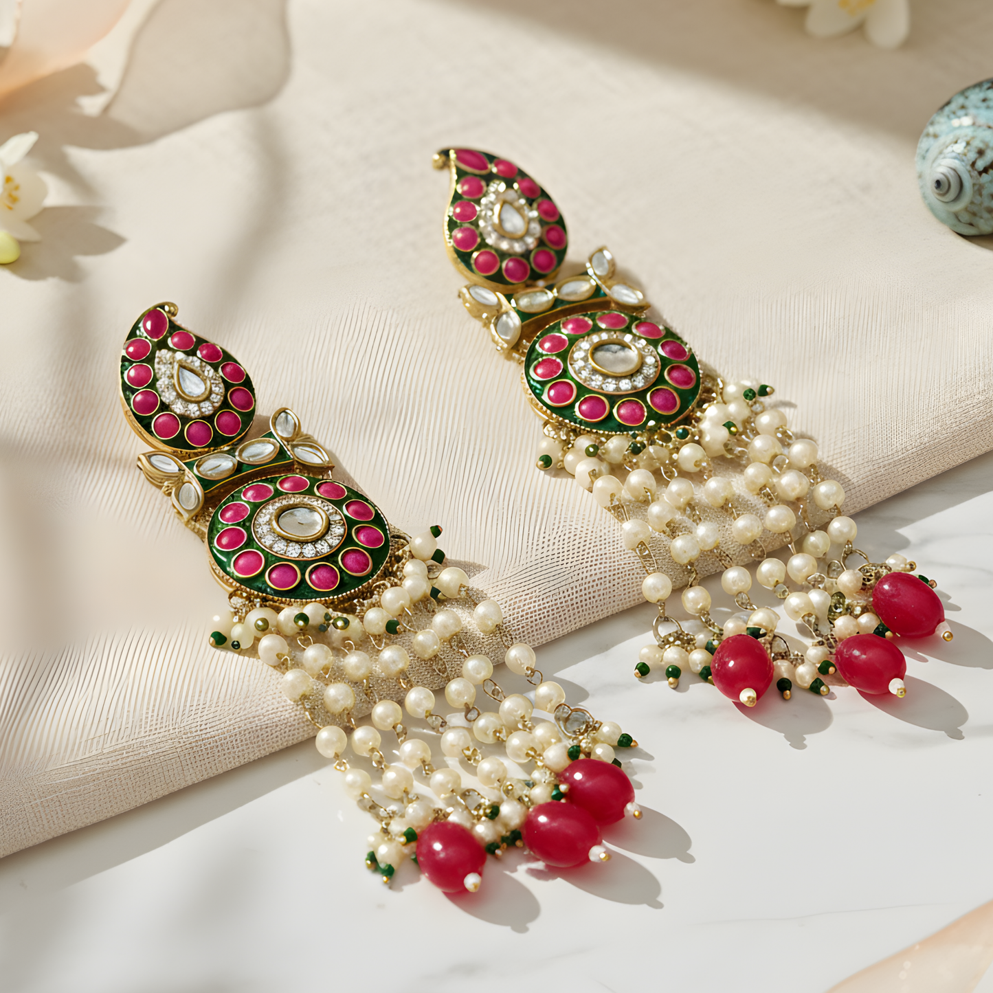 Meenakari Kundan Earrings with Pearl Tassels