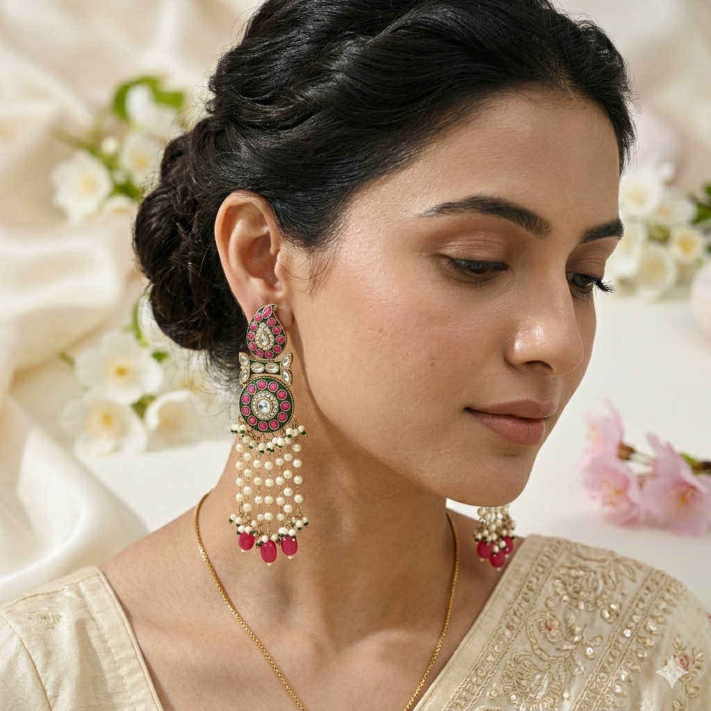 Meenakari Kundan Earrings with Pearl Tassels
