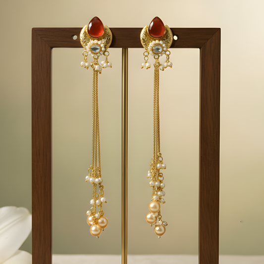 Gold Plated Red Stone Tassel Kashmiri Earrings with Pearls