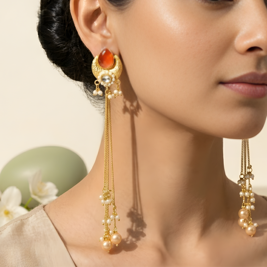 Gold Plated Red Stone Tassel Kashmiri Earrings with Pearls