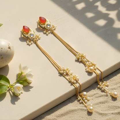 Gold Plated Red Stone Tassel Kashmiri Earrings with Pearls
