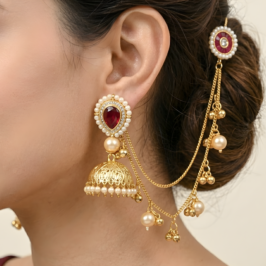 Royal Ruby Kundan Jhumka Earrings with Pearl Chain
