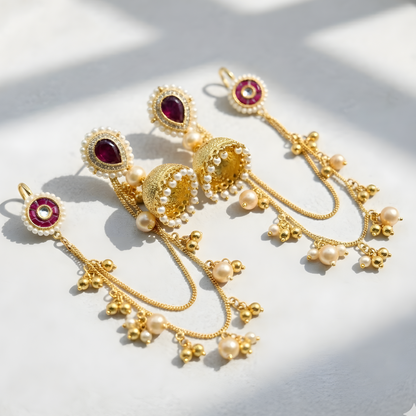 Royal Ruby Kundan Jhumka Earrings with Pearl Chain