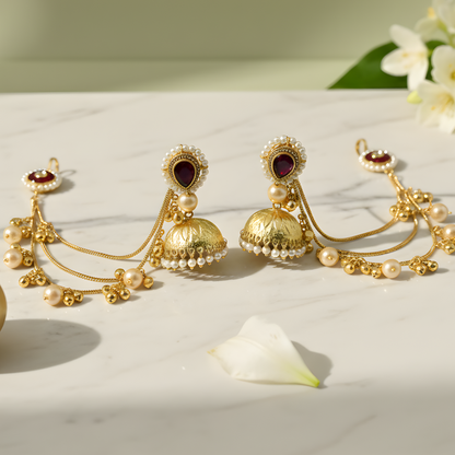 Royal Ruby Kundan Jhumka Earrings with Pearl Chain